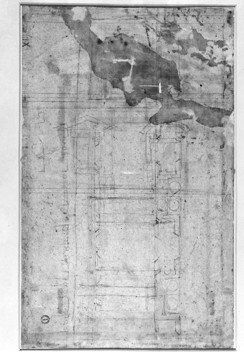 Studia architektoniczne, ok.1538-50 (kreda na papierze) autorstwa Michelangelo Buonarroti