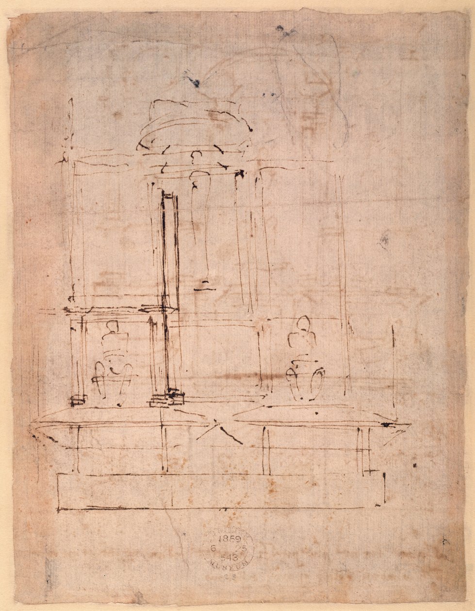 Projekt grobu papieża Juliusza II (1453-1513) (brązowy tusz na papierze) (verso) autorstwa Michelangelo Buonarroti