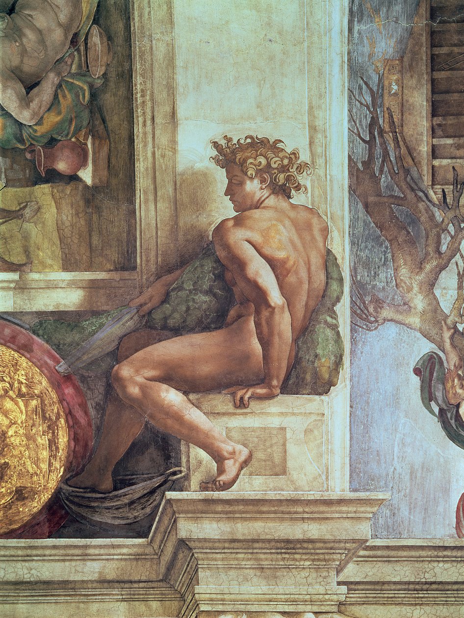Ignudo z sufitu Sykstyńskiego (przed renowacją) autorstwa Michelangelo Buonarroti