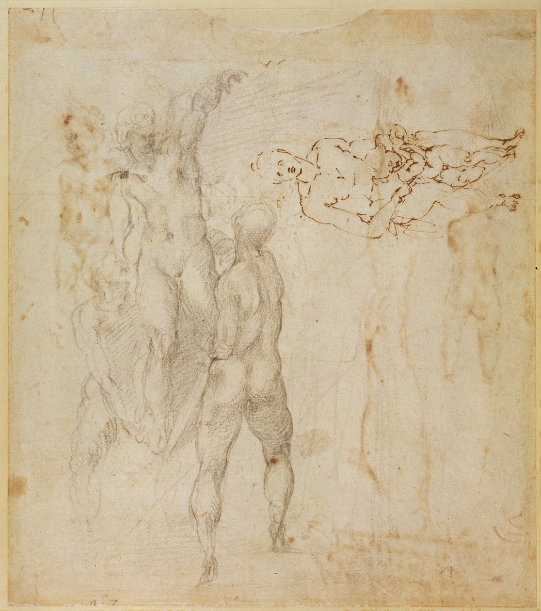 Męska grupa i siedząca postać z dzieckiem (pióro i atrament, węgiel) autorstwa Michelangelo Buonarroti