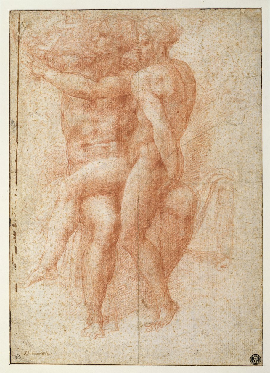Naga kobieta siedząca na kolanach siedzącego aktu męskiego: Adam i Ewa (sangwina na papierze) autorstwa Michelangelo Buonarroti