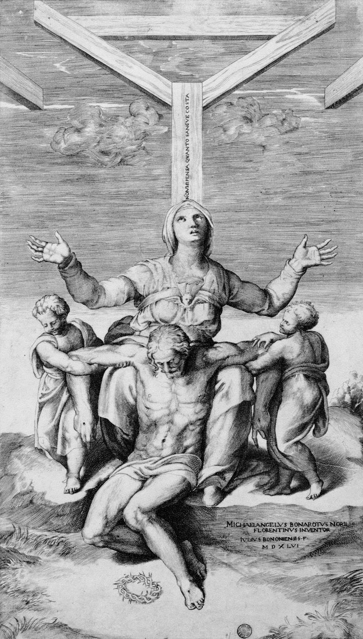 Pieta, rytowana przez Giulio Bonasone, 1556 autorstwa Michelangelo Buonarroti