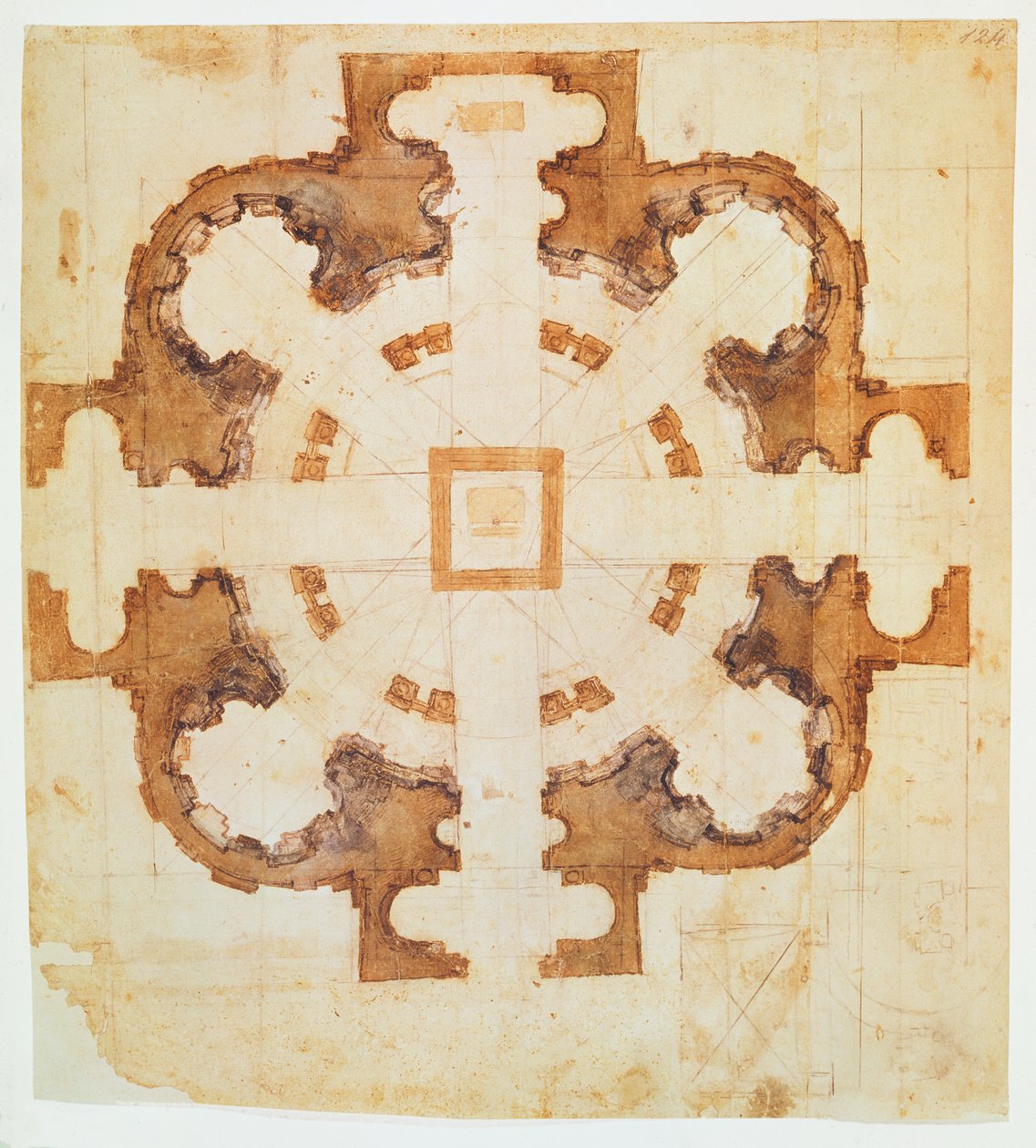 Plan kościoła San Giovanni dei Fiorentini, Rzym, XVI w. (tusz na papierze) autorstwa Michelangelo Buonarroti