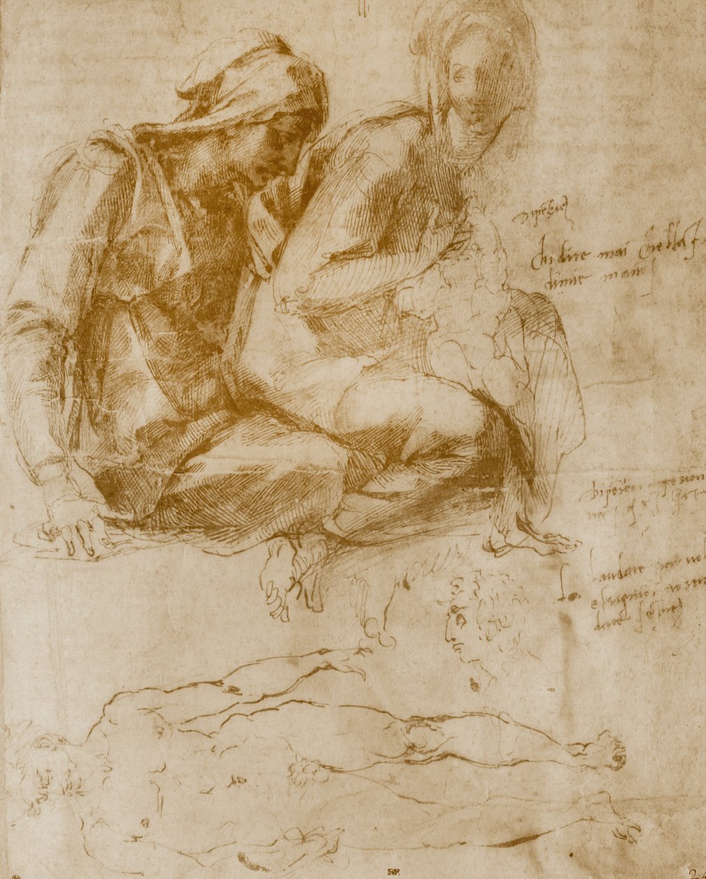 Św. Anna, Dziewica z Dzieciątkiem i studium nagiego mężczyzny autorstwa Michelangelo Buonarroti