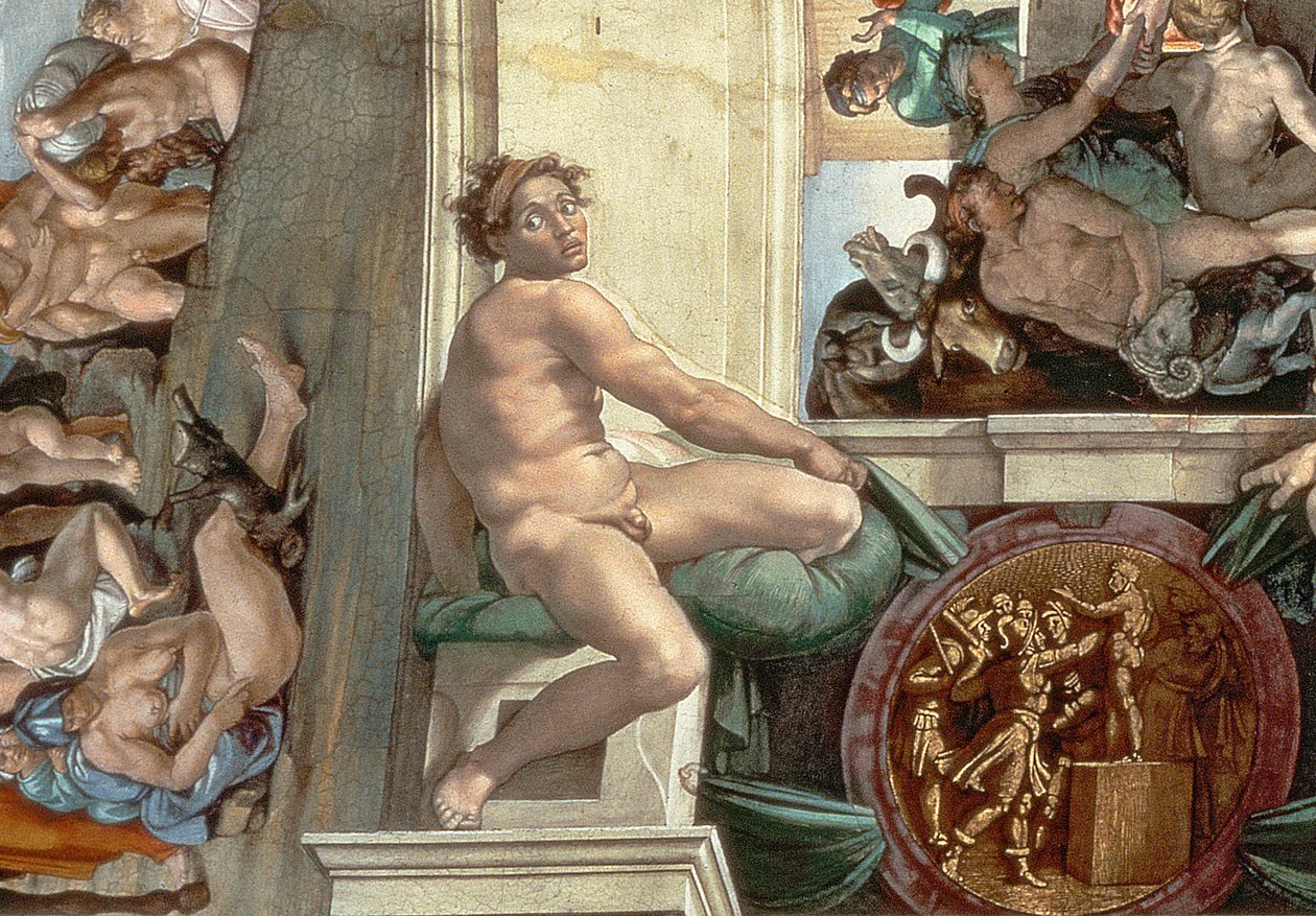 د سیستین چپل چت (1508-12) د ignudi د یوې برخې تفصیل (د 167695 تفصیل) پولی autorstwa Michelangelo Buonarroti