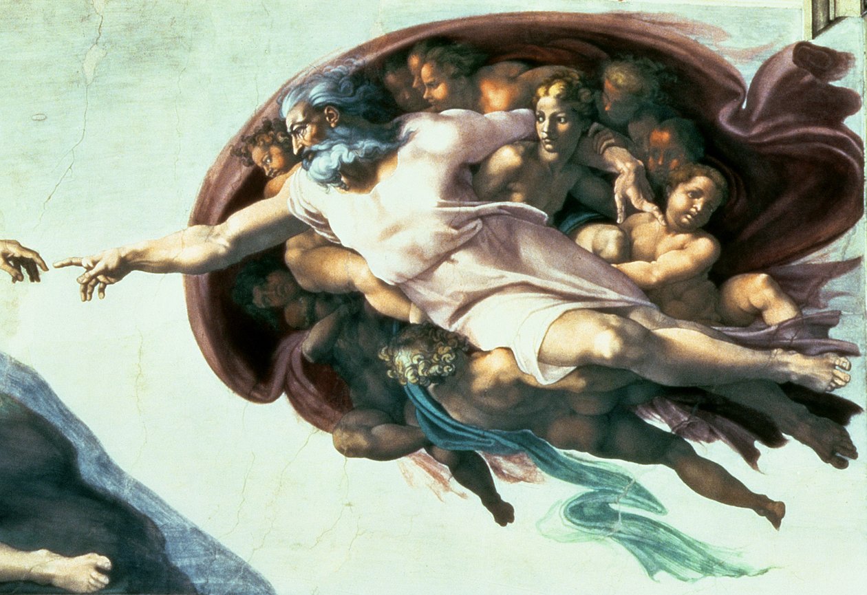 Sufit Kaplicy Sykstyńskiej: Stworzenie Adama, 1510 (po renowacji) (detal z 77430) autorstwa Michelangelo Buonarroti