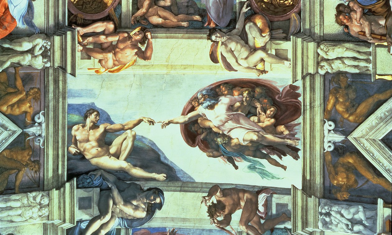 Sufit Kaplicy Sykstyńskiej: Stworzenie Adama, 1510 (po renowacji) autorstwa Michelangelo Buonarroti