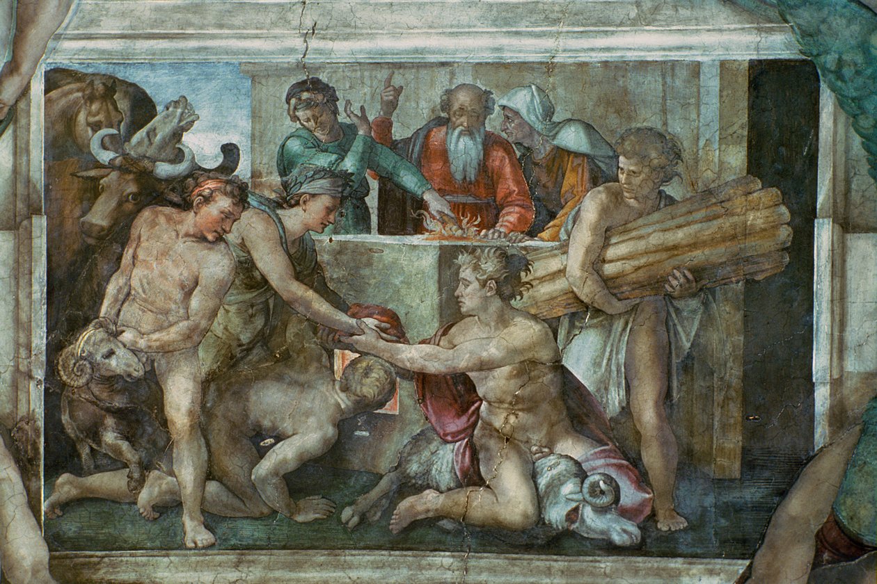 Sufit Kaplicy Sykstyńskiej: Noe po potopie (przed renowacją) autorstwa Michelangelo Buonarroti