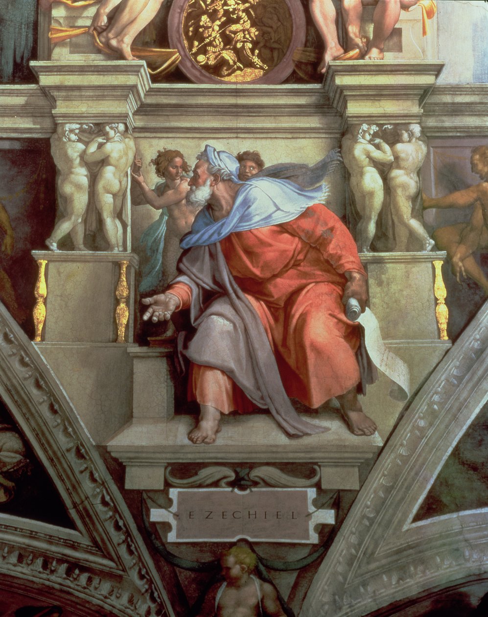Sufit Kaplicy Sykstyńskiej: Prorok Ezechiel, 1510 (po renowacji) autorstwa Michelangelo Buonarroti