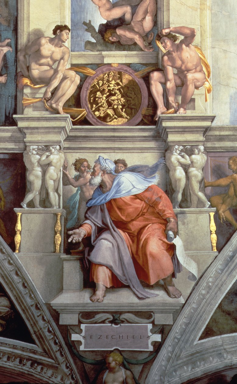 Sufit Kaplicy Sykstyńskiej: Prorok Ezechiel, 1510 fresk, detal po renowacji 76588 autorstwa Michelangelo Buonarroti