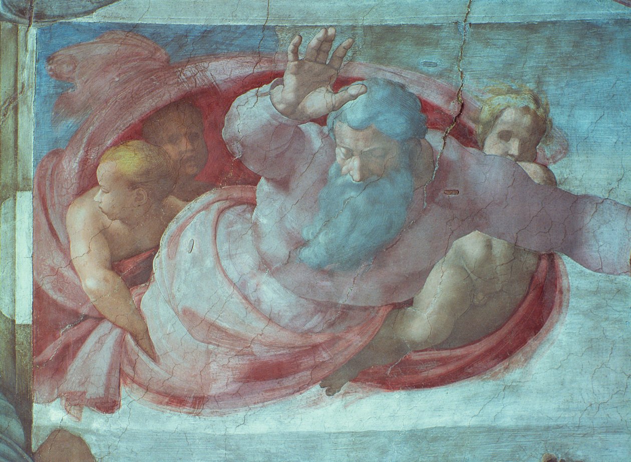Kaplica Sykstyńska: Bóg dzielący wody i ziemię (przed przywróceniem) (szczegół) autorstwa Michelangelo Buonarroti