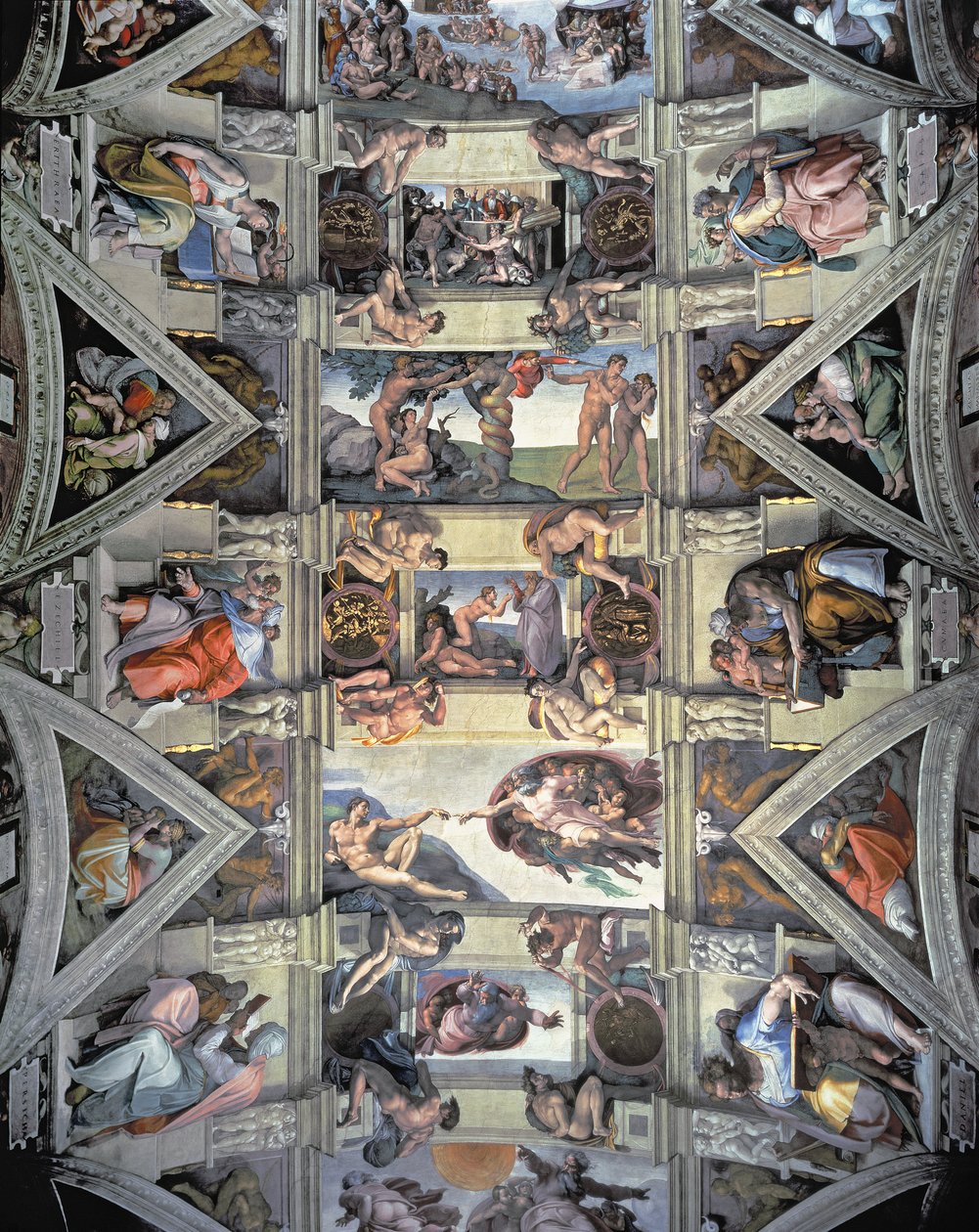 Sufit i lunety Kaplicy Sykstyńskiej, 1508-12 (po renowacji) autorstwa Michelangelo Buonarroti