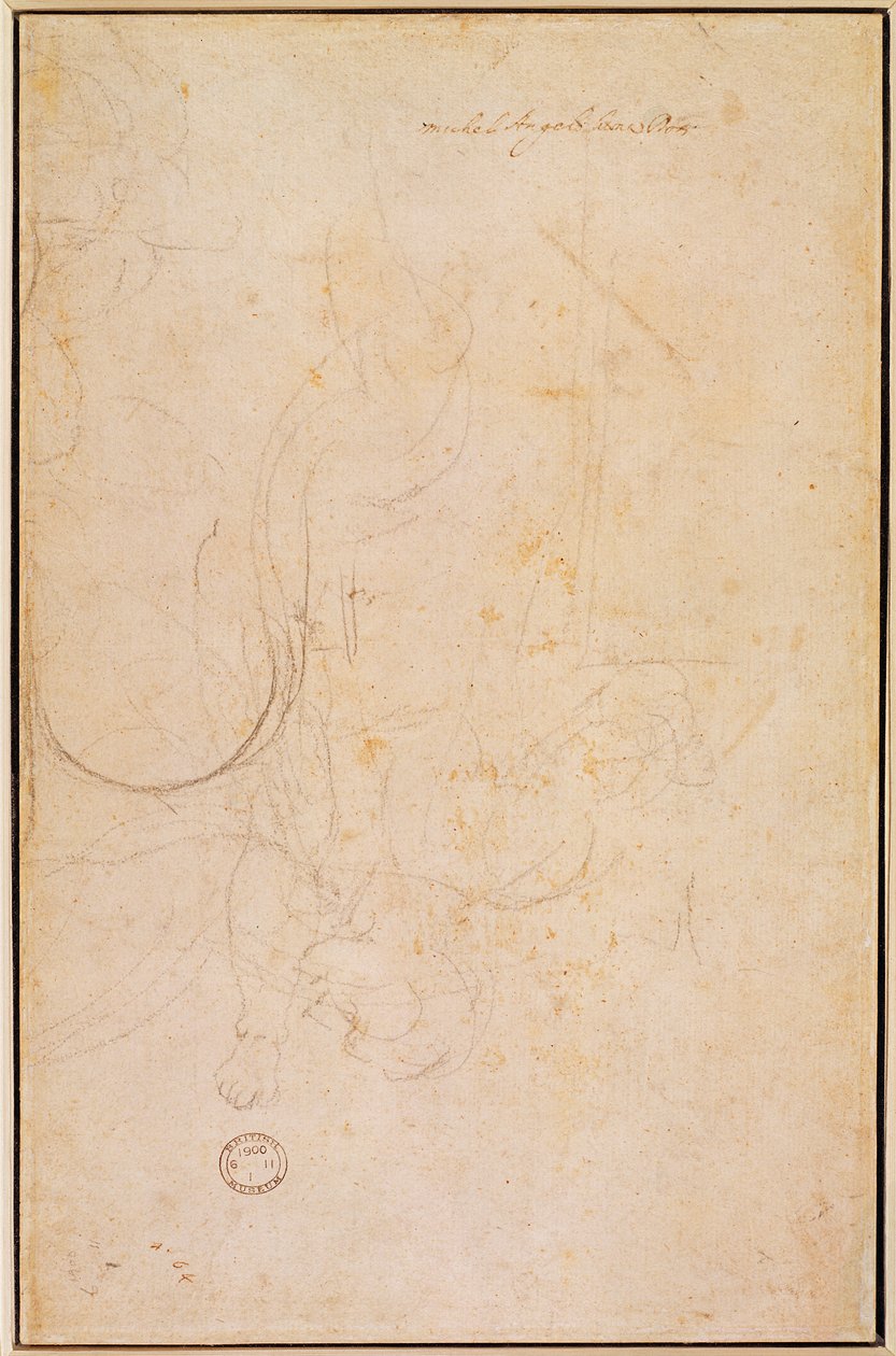 Szkic postaci z sygnaturą artysty (węgiel na papierze) (verso) autorstwa Michelangelo Buonarroti