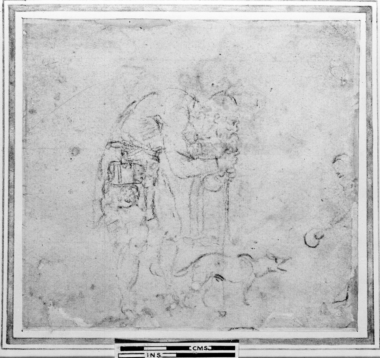 Szkic z postacią i psem (węgiel na papierze) autorstwa Michelangelo Buonarroti
