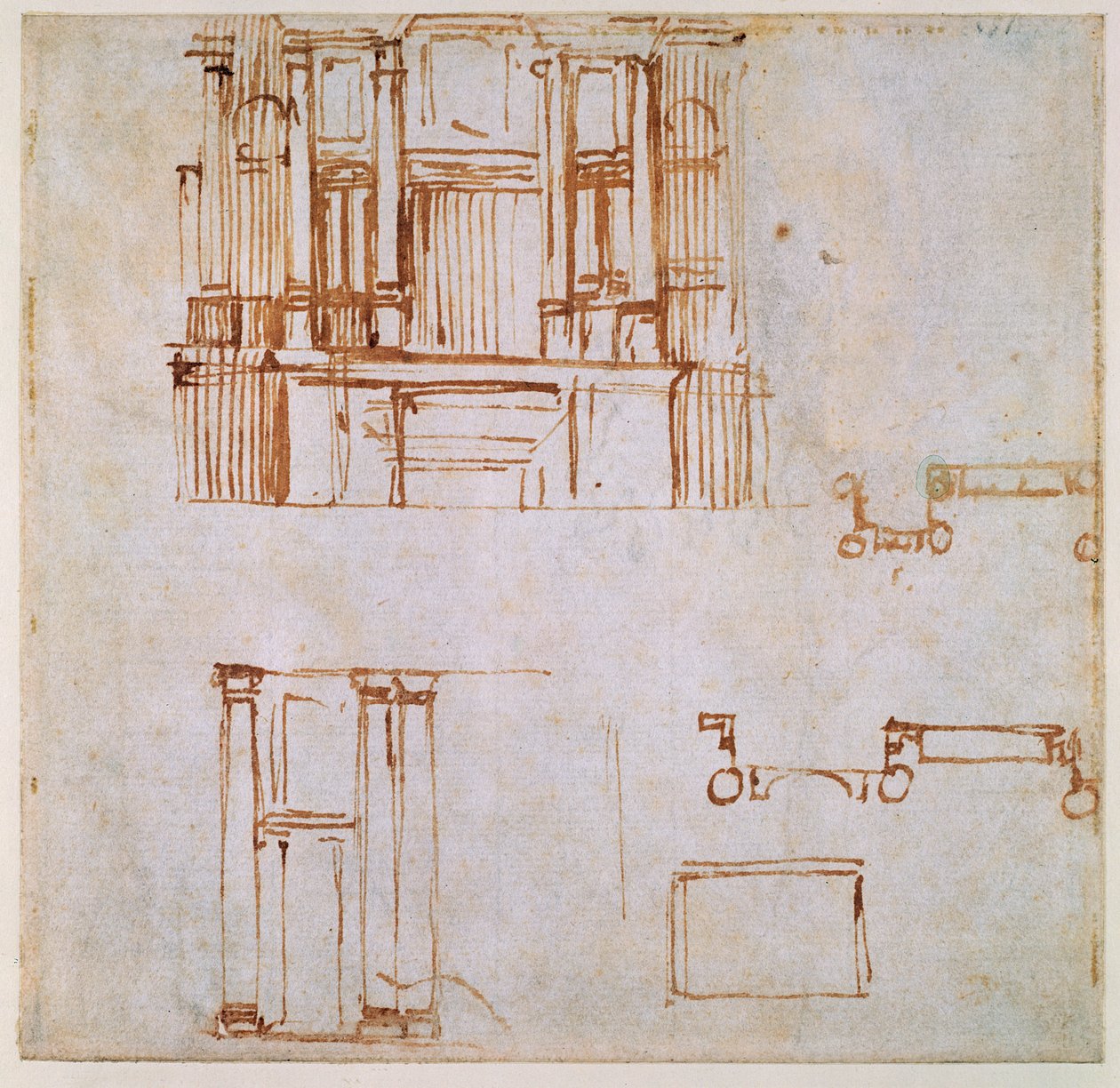Studia do monumentalnego grobowca ściennego (dla nagrobków Klemensa VII i Leona X projektowanych dla chóru San Lorenzo we Florencji) 1525-26 (pióro i brąz na papierze) (recto) (odwrotność patrz 191780) autorstwa Michelangelo Buonarroti