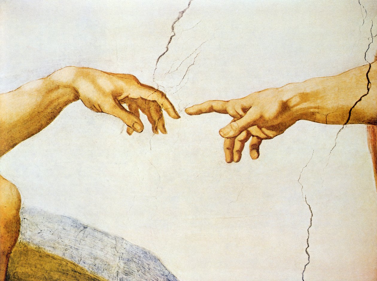 Stworzenie Adama, ze stropu Sykstyńskiego, 1510 (szczegół) autorstwa Michelangelo Buonarroti