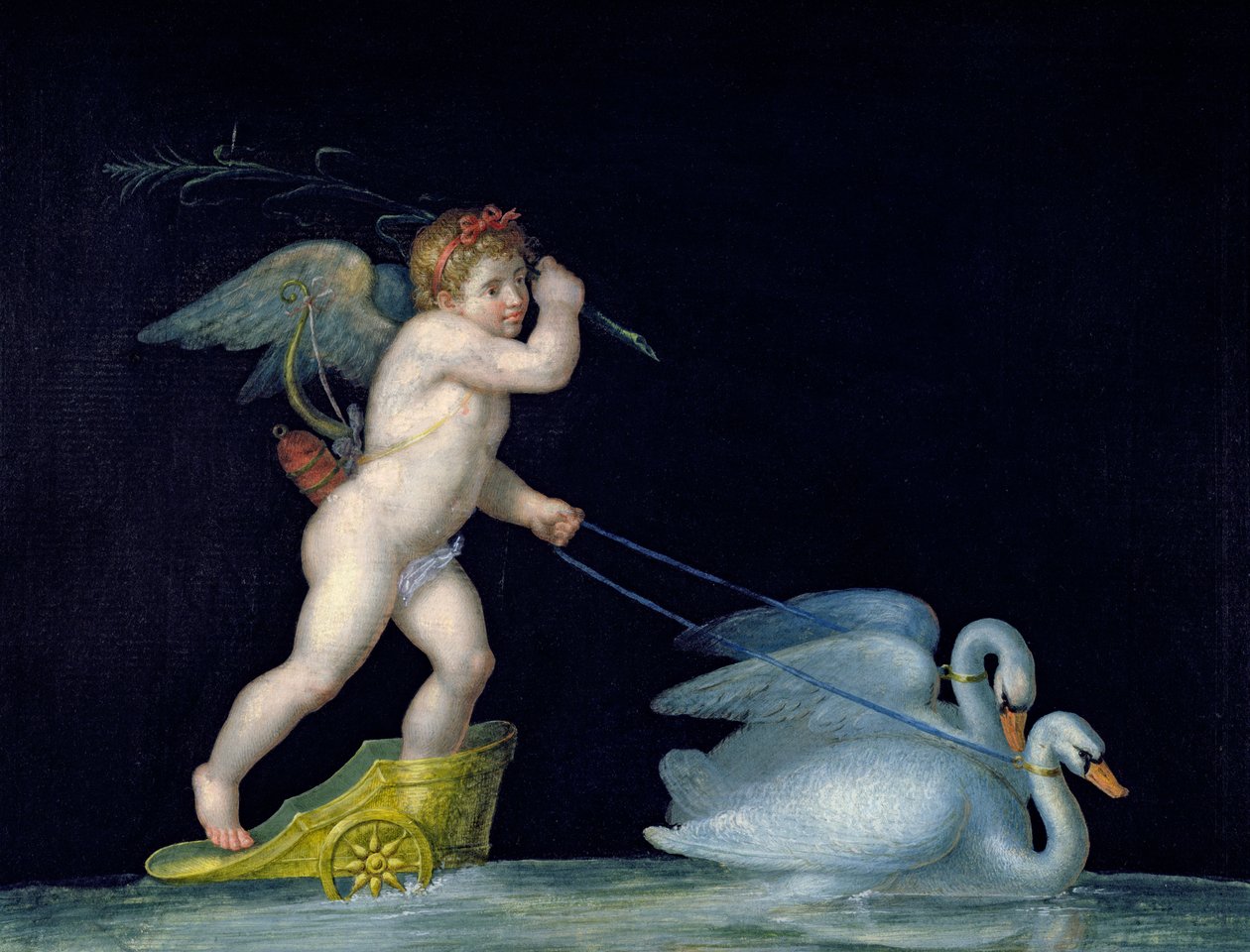 Amorek prowadzony przez parę łabędzi autorstwa Michelangelo Maestri