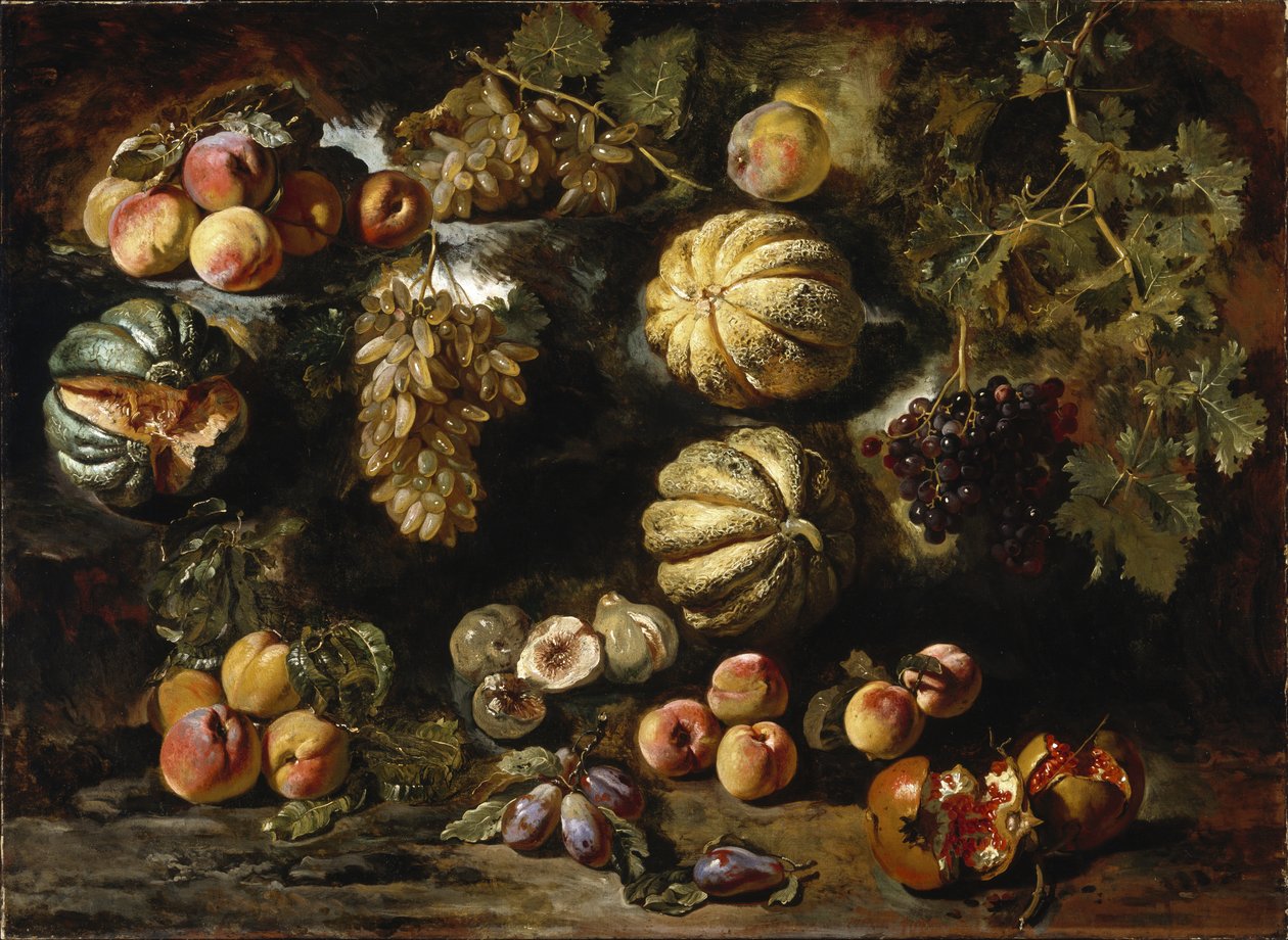 Martwa natura z melonami, brzoskwiniami, figami i winogronami 1640-1650 autorstwa Michele Pace del Campidoglio