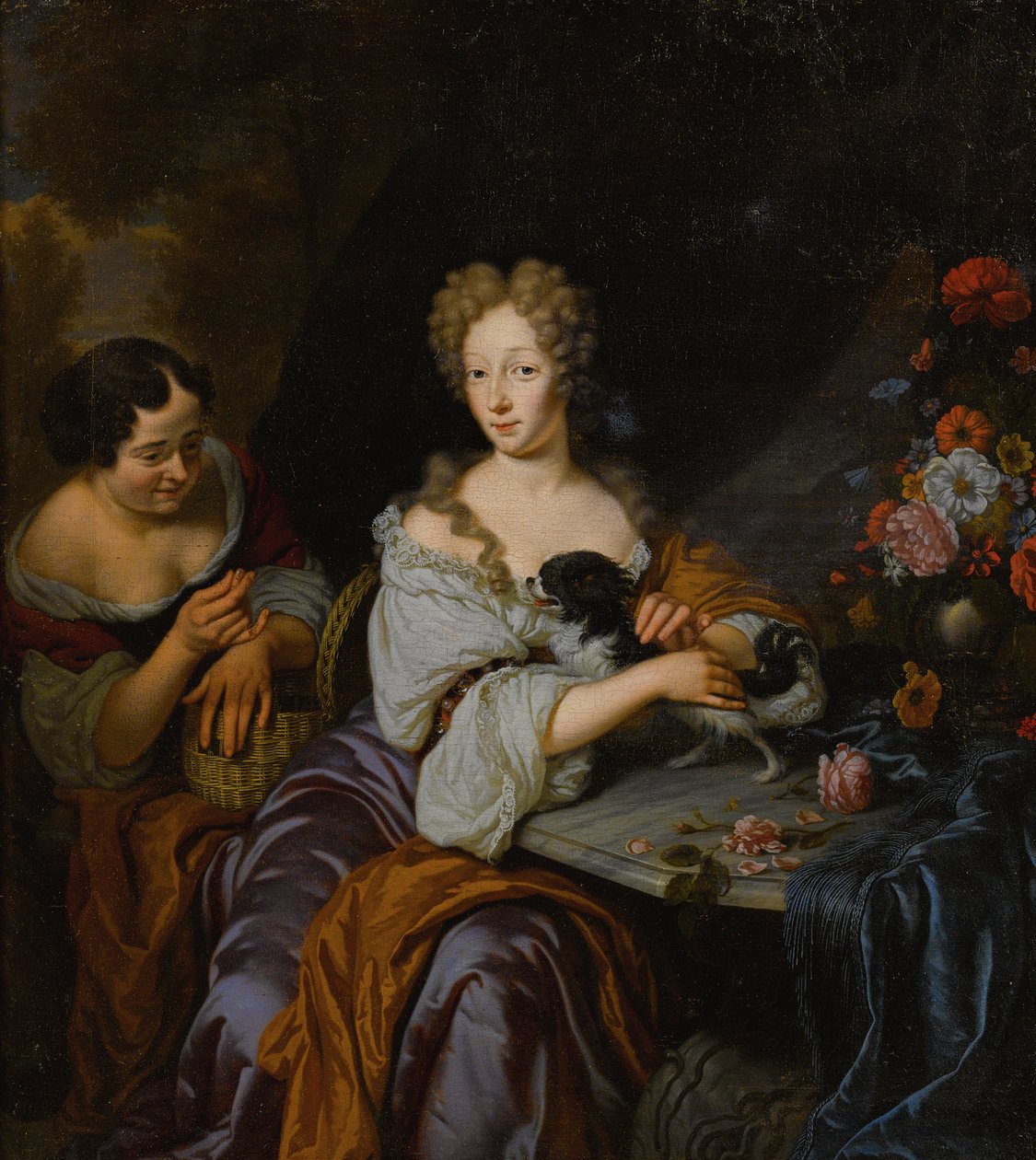 Portret damy z psem i służącą autorstwa Michiel van Musscher