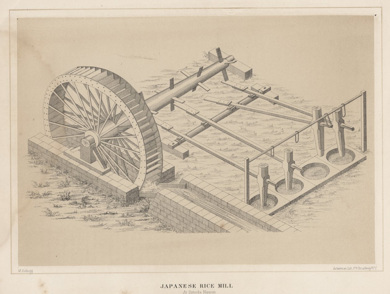Japoński młyn do ryżu w Simoda Nippon, 1855 r. autorstwa Miner Kilbourne Kellogg