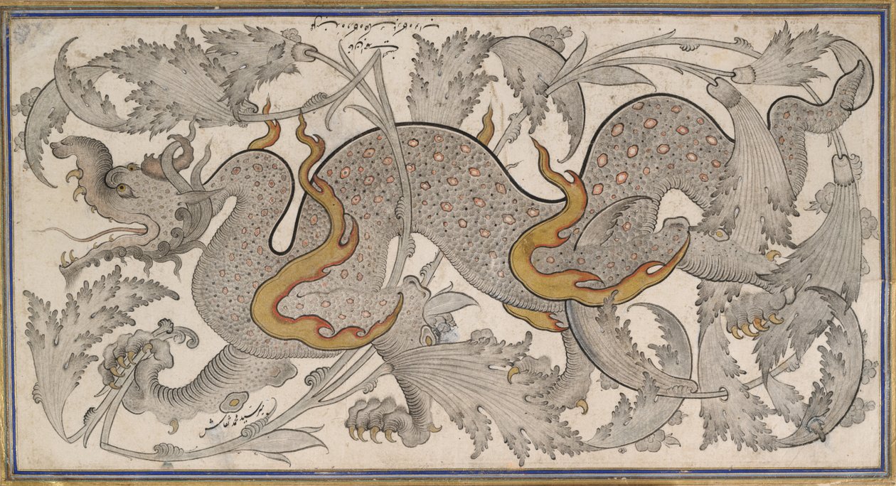 Smok w listowiu (rysunek, prostokąt); kaligrafia (verso) autorstwa Mir Sayyid Muhammad Naqqash