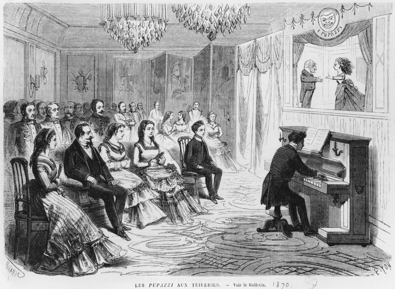 Przedstawienie kukiełkowe I Pupazzi występujące przed cesarzem Napoleonem III (1808-73) Cesarzową Eugenią (1826-1920) i księciem Eugeniuszem Ludwikiem Napoleonem Bonaparte (1856-79) w Tuileries, grawerowane przez Edmonda Yo autorstwa Miranda