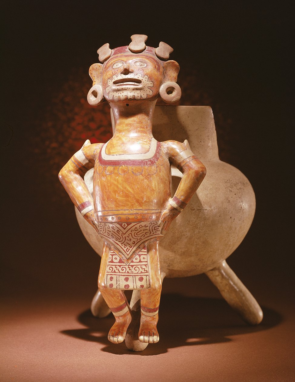 Waza na trójnogu z wizerunkiem postaci, z Miahuatlan, Oaxaca (ceramika) autorstwa Mixtec