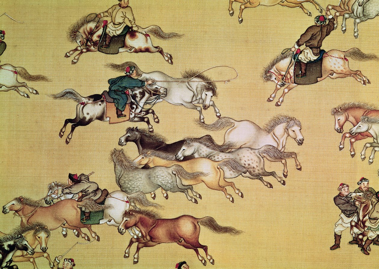 Podróż cesarza Qianlonga (1736-96) fragment ze zwoju, dynastia Qing (malowany jedwab) autorstwa Mou Lan