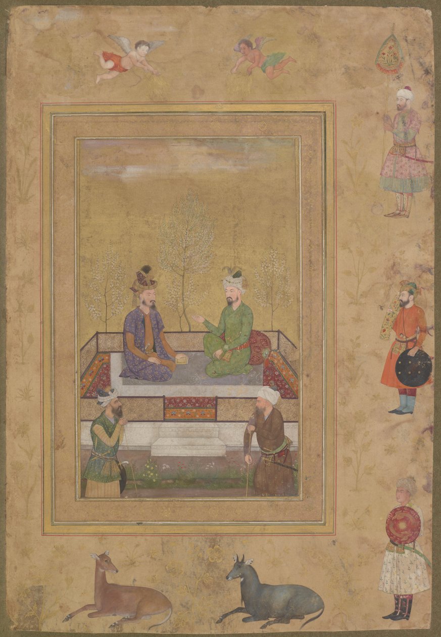 Babur i Humajun z dworzanami, z późnego albumu Szahdżahan, oderwane folio rękopisu, ok. 1640 autorstwa Mughal School
