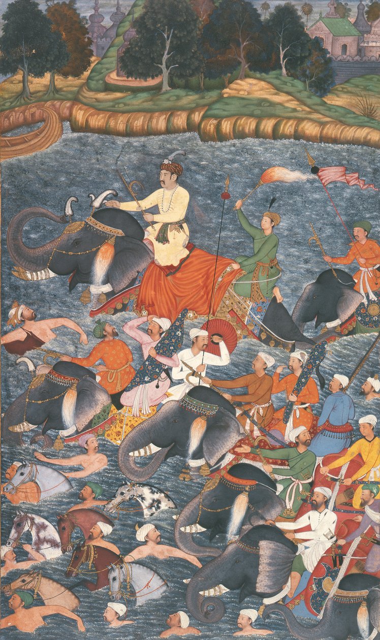 Cesarz Akbar (r.1556-1605) przekraczający Ganges w 1567, z „Akbarnama” wykonanej przez Abu