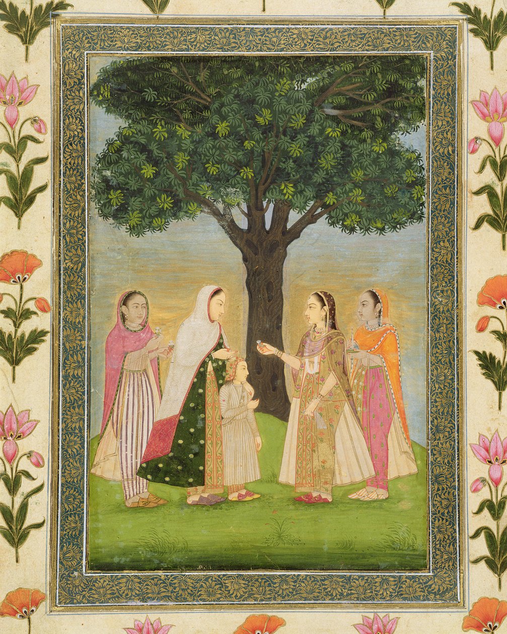 Cztery panie spotykają się przy drzewie, z Małego Albumu Clive (nieprzezroczyste wc na papierze) autorstwa Mughal School