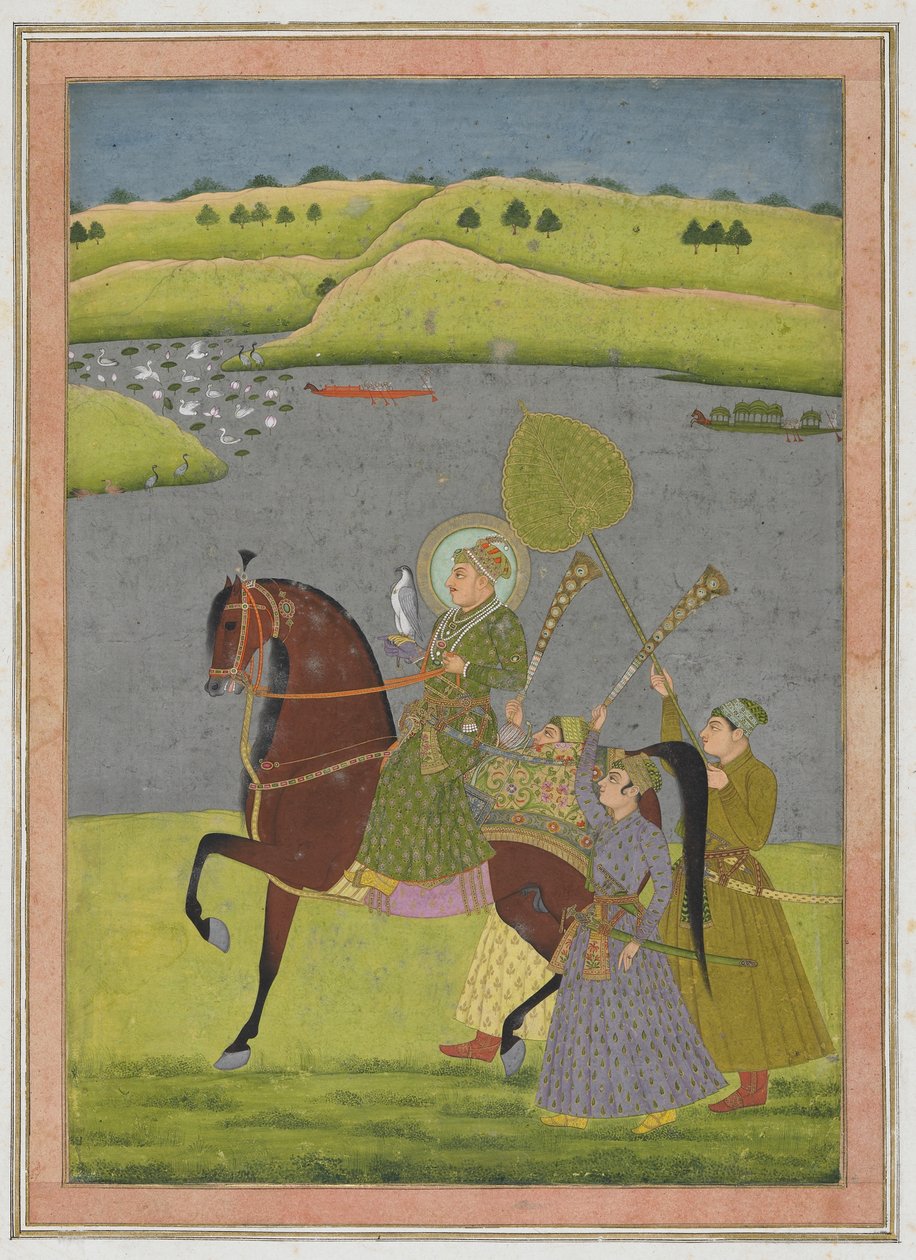 Portret konny Muhammada Szacha z albumu Impey, oderwane folio rękopisu, ok. 1730 (nieprzezroczysta akwarela i złoto na papierze) autorstwa Mughal School