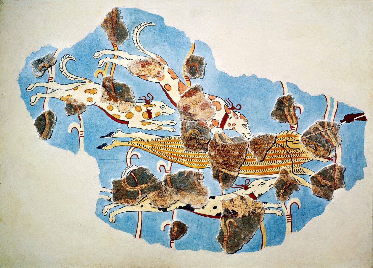 Fresk przedstawiający scenę polowania z Tiryns w Grecji autorstwa Mycenaean Mycenaean