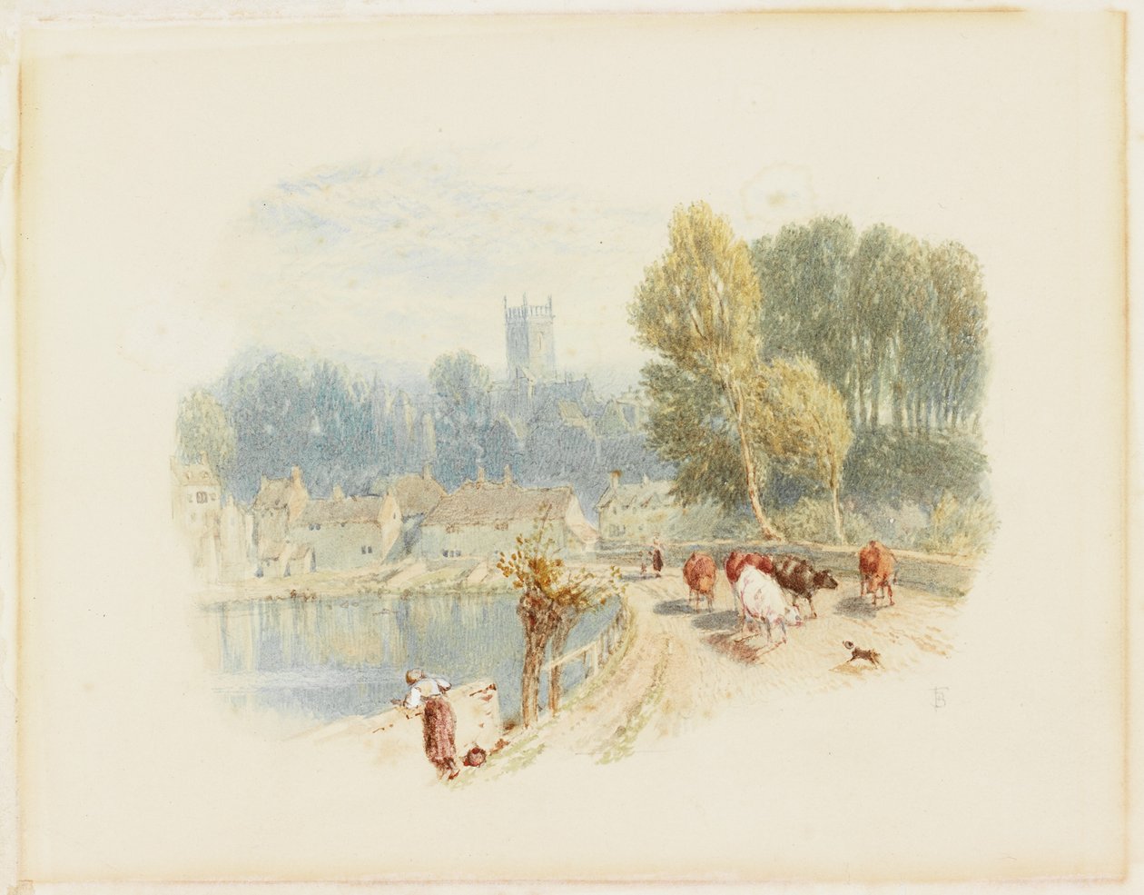 Scena rzeczna z kościołem (ołówek i akwarela na karcie) autorstwa Myles Birket Foster