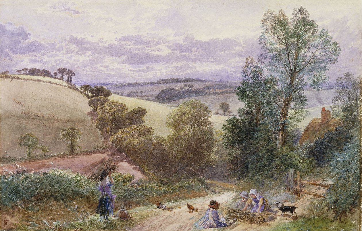 Postacie zbierające gałązki przy drodze autorstwa Myles Birket Foster