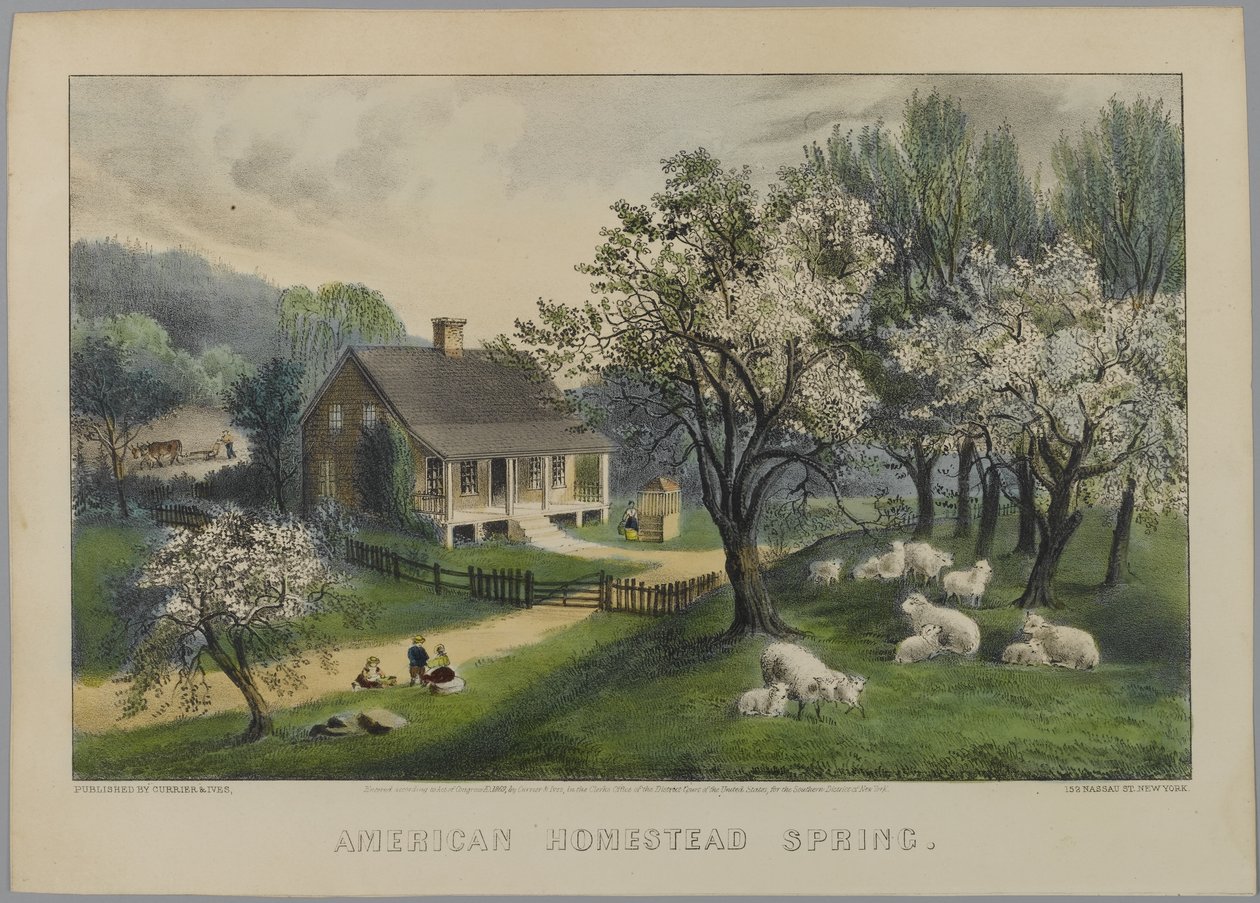 American Homestead Spring, 1868-69 (lito ręcznie kolorowane) autorstwa N. and Ives, J.M. Currier