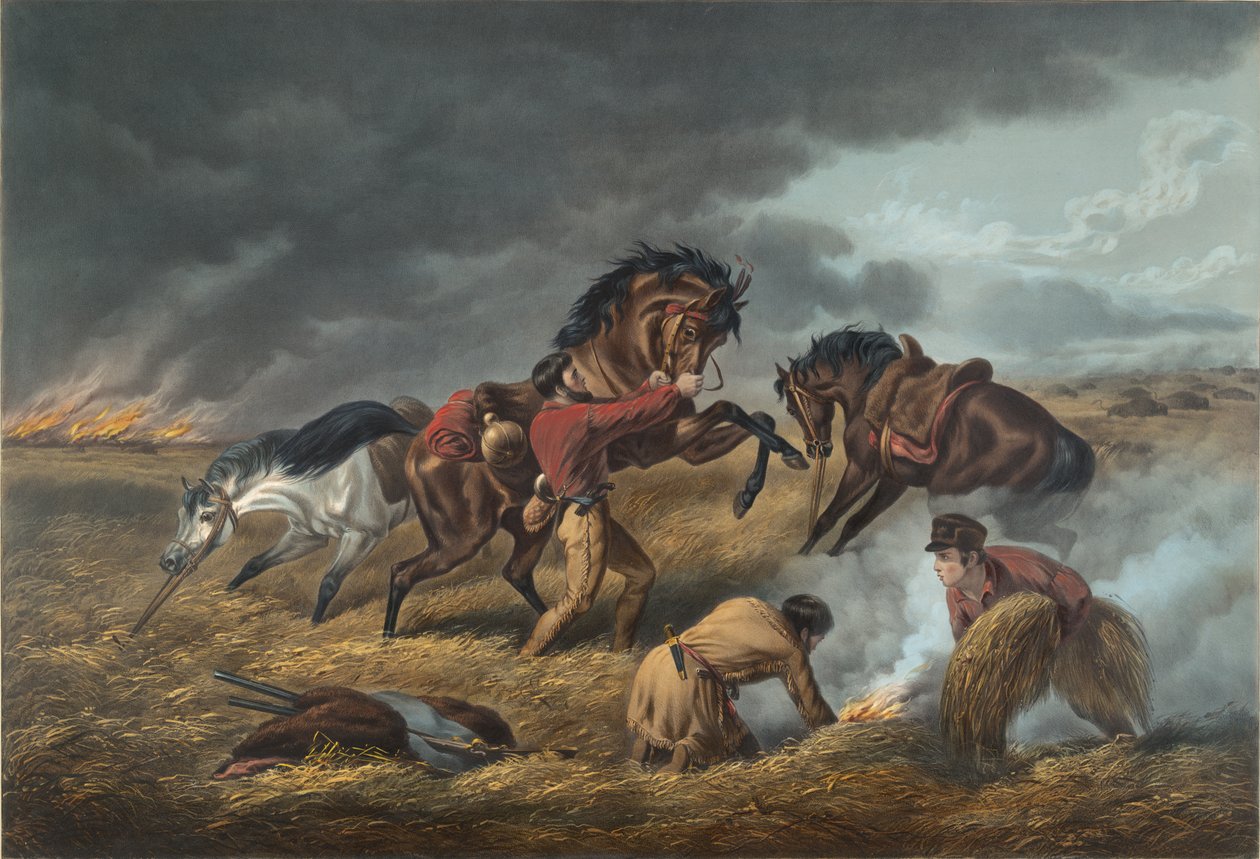 Życie na prerii: obrona traperów, „Ogień w walce z ogniem, 1862 autorstwa N. and Ives, J.M. Currier