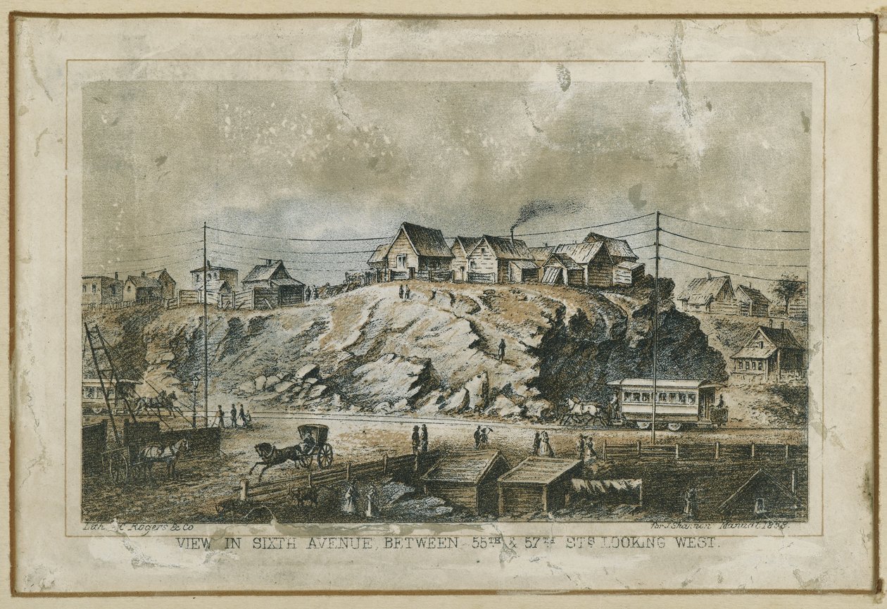 Widok na Szóstą Aleję, między ulicami 55 i 57, patrząc na zachód, 1858 autorstwa N. and Ives, J.M. Currier