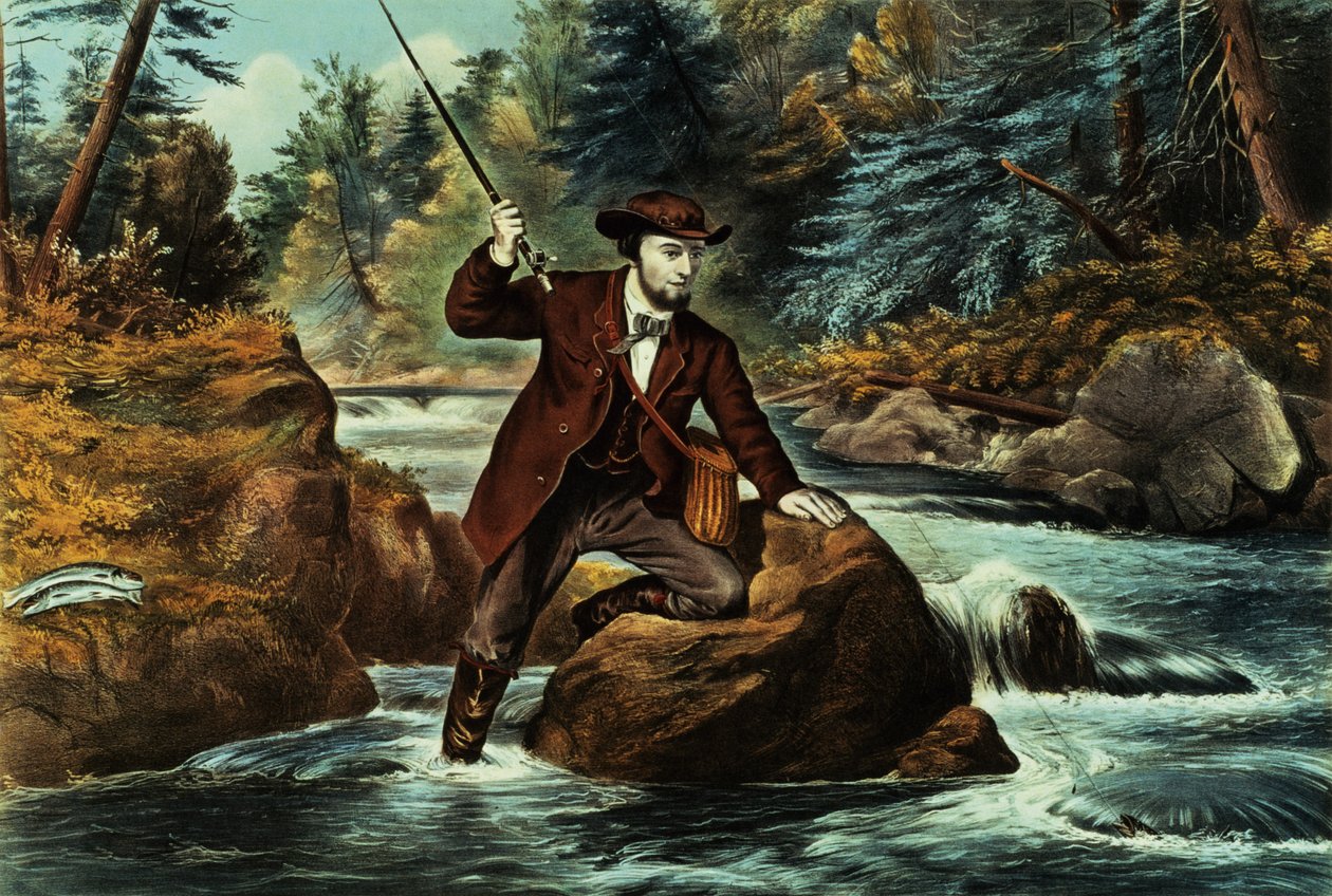 Łowienie pstrągów potokowych - Niepokojąca chwila, 1862 r. autorstwa N. and Ives, J.M. Currier