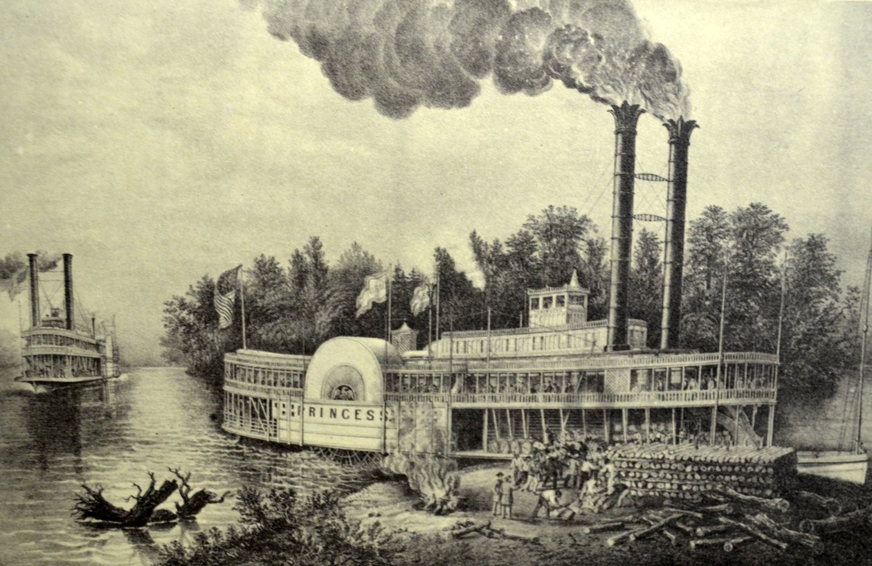 Currier & Ives ilustracja XIX wieku. Parowiec z wiosłem Missisipi autorstwa N. and Ives, J.M. Currier