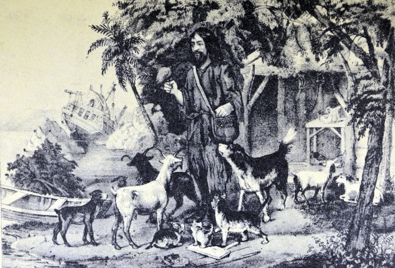 Currier & Ives ilustracja XIX wieku. Robinson Crusoe i jego zwierzęta autorstwa N. and Ives, J.M. Currier