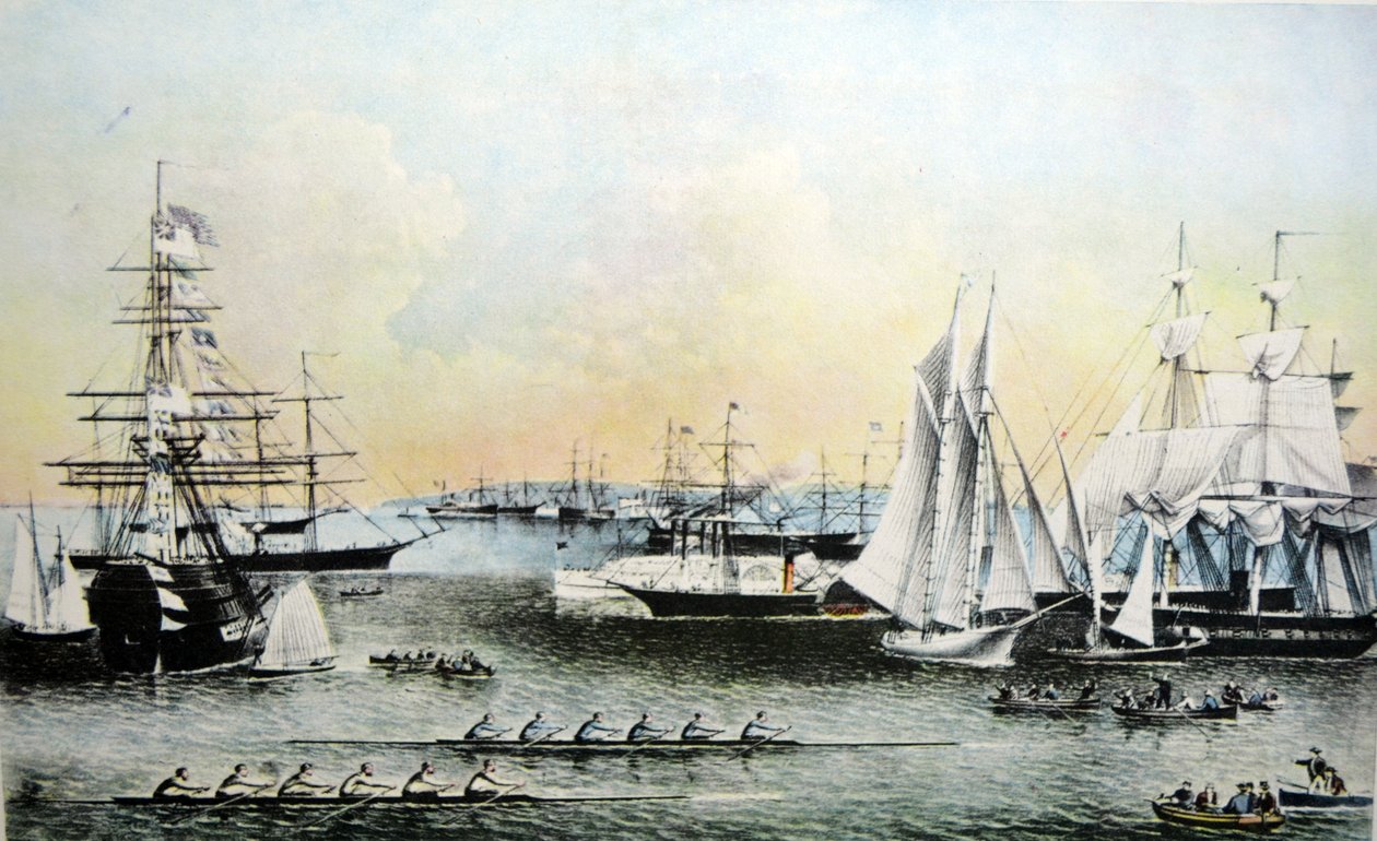 Currier & Ives ilustracja XIX wieku. Letnie sceny statków w porcie w Nowym Jorku autorstwa N. and Ives, J.M. Currier