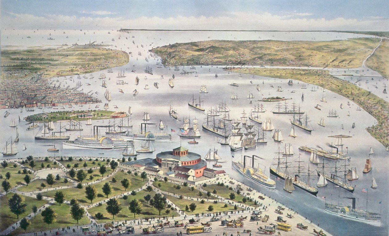 Port w Nowym Jorku, patrząc na południe, ok.1880 autorstwa N. and Ives, J.M. Currier