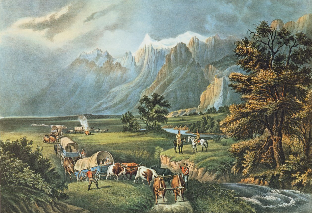 Góry Skaliste: Emigranci przemierzający równiny, 1866 r. autorstwa N. and Ives, J.M. Currier