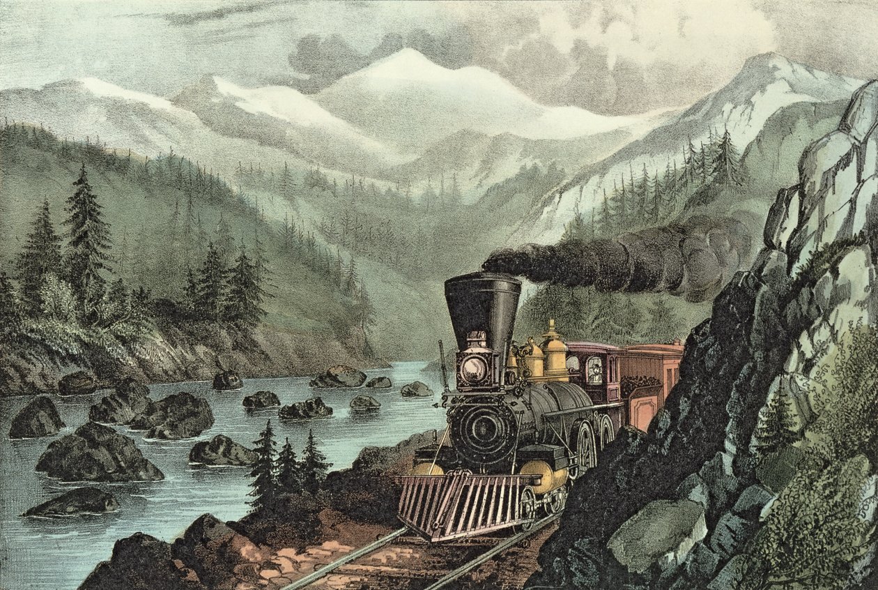 Droga do Kalifornii. Rzeka Truckee, Sierra Nevada. Kolej centralnego Pacyfiku, 1871 autorstwa N. and Ives, J.M. Currier