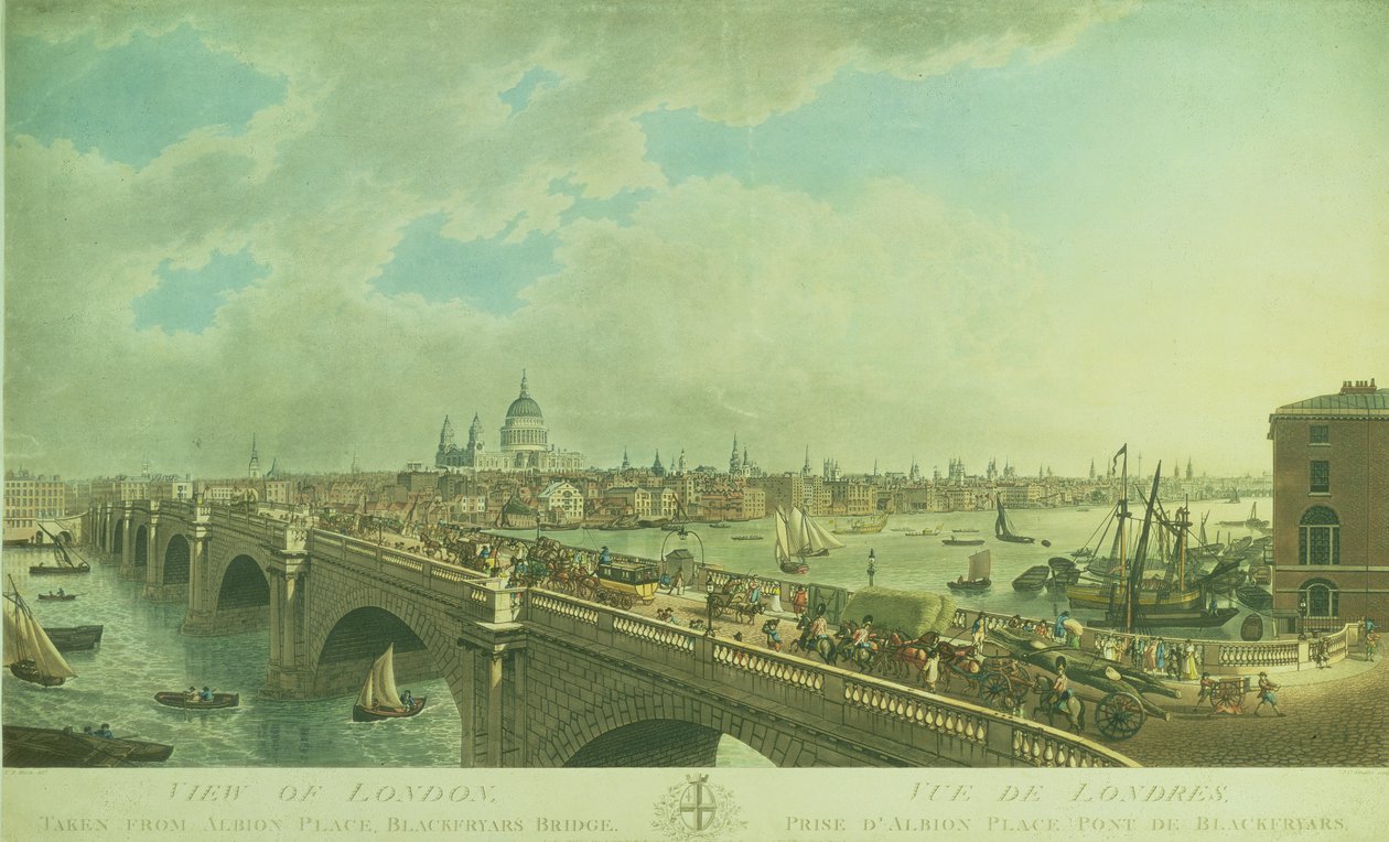 Widok Londynu z Albion Place, Blackfriars Bridge, wyryty przez Josepha Constantine Stadlera (fl.1780-1812), wyd. 1802 (akwatinta) autorstwa N.R. Black