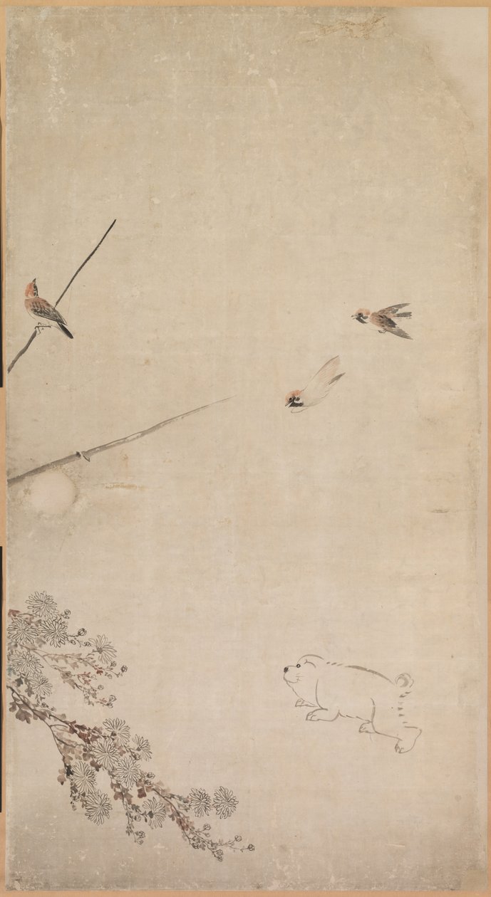 Szczenięta, Wróble i Chryzantemy, 1754-1799. autorstwa Nagasawa Rosetsu