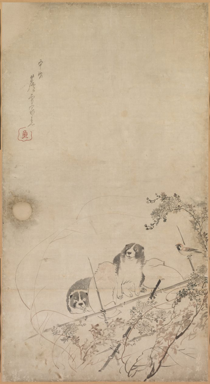 Szczenięta, Wróble i Chryzantemy, 1754-1799. autorstwa Nagasawa Rosetsu