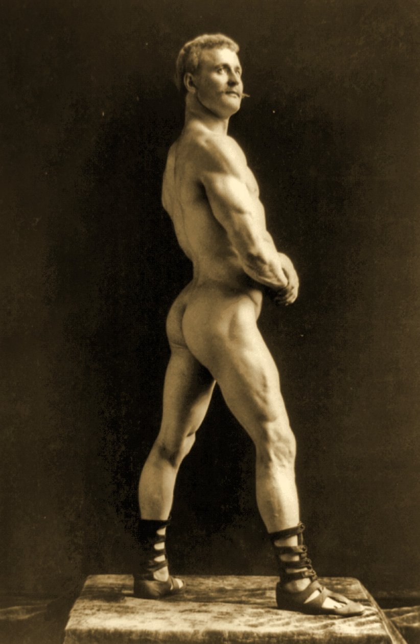 Eugen Sandow, w klasycznej starożytnej pozie grecko-rzymskiej, ok. 1893 r. autorstwa Napoleon Sarony