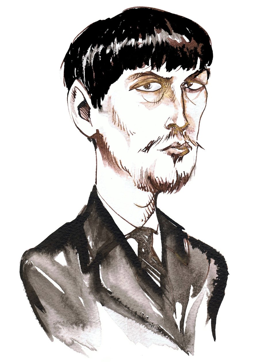 Achille-Claude Debussy, francuski kompozytor (1862-1918), atramentowa karykatura w młodości autorstwa Neale Osborne